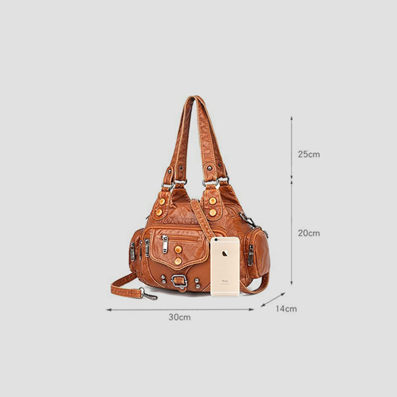 Tragetasche für Damen, Vintage, genietete Umhängetasche aus Leder mit mehreren Taschen