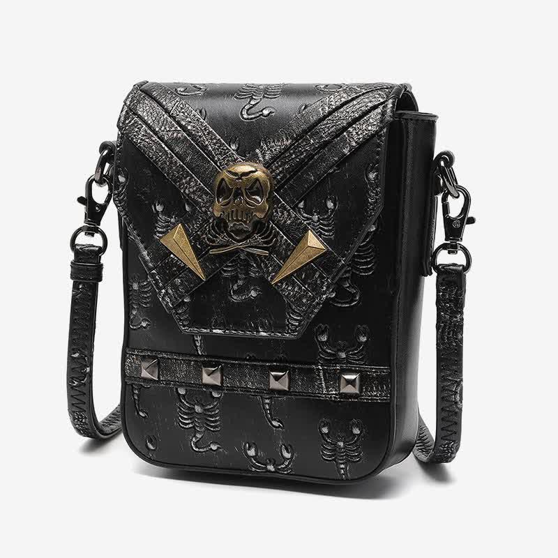 Umhängetasche mit Nieten und Gürtelschlaufe für Punk-Totenkopf und Skorpion