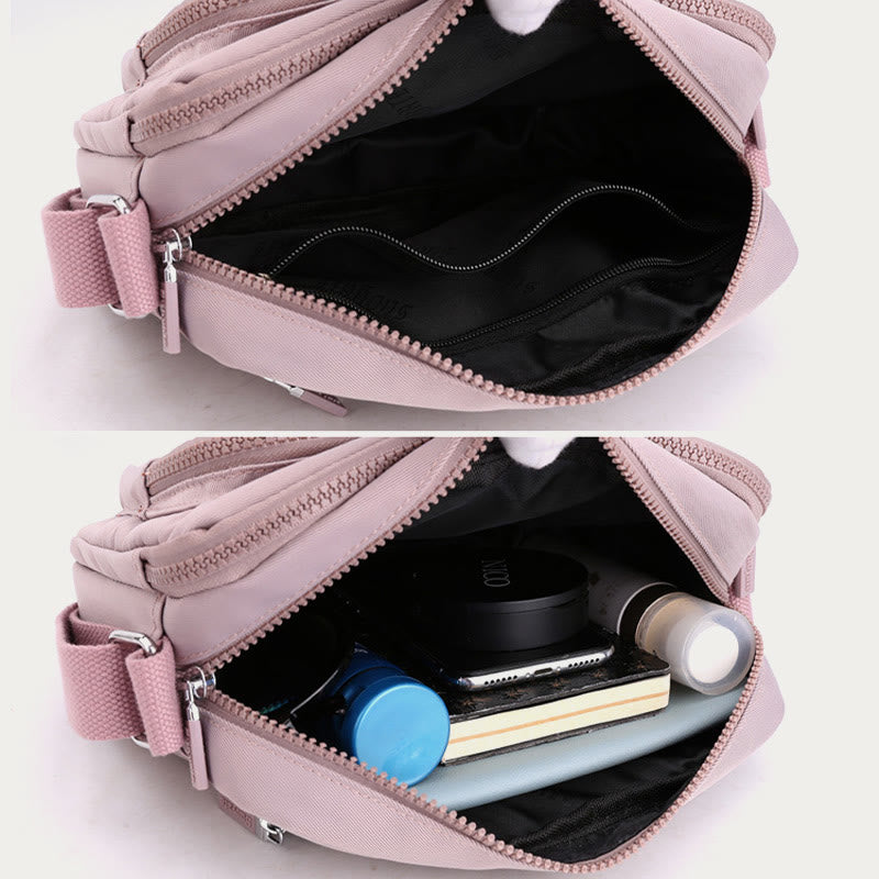 Umhängetasche mit 4 Reißverschlüssen, leichte Nylon-Geldbörse für Damen
