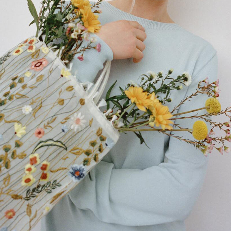 Handtasche für Damen, Netzstoff, handbestickte Blumen, tragbare Umhängetasche