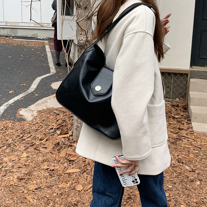 Minimalistische Ledertasche, einfarbig, breite Schnalle, Umhängetasche für Damen