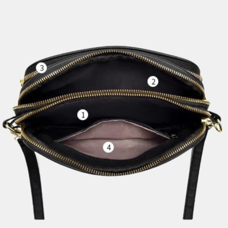 Umhängetasche mit drei Reißverschlüssen, gestepptes Leder, Schultertasche für Damen