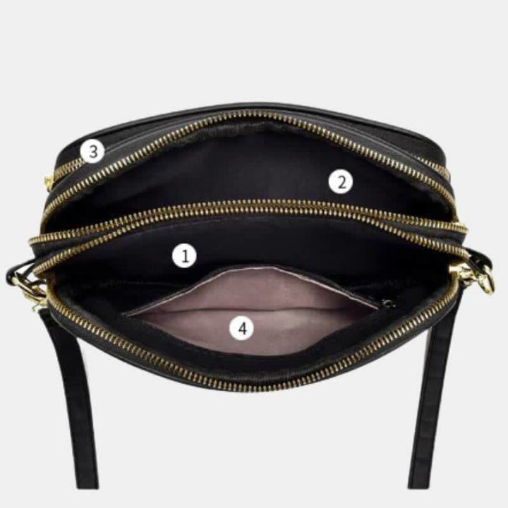 Umhängetasche mit drei Reißverschlüssen, gestepptes Leder, Schultertasche für Damen