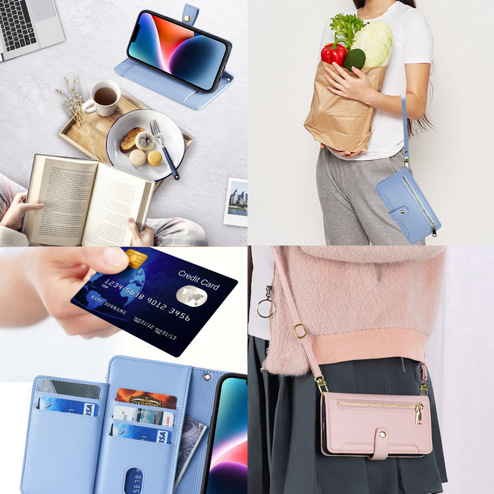 Kunstleder Wallet Case Handyhülle für iPhone mit Schultergurt