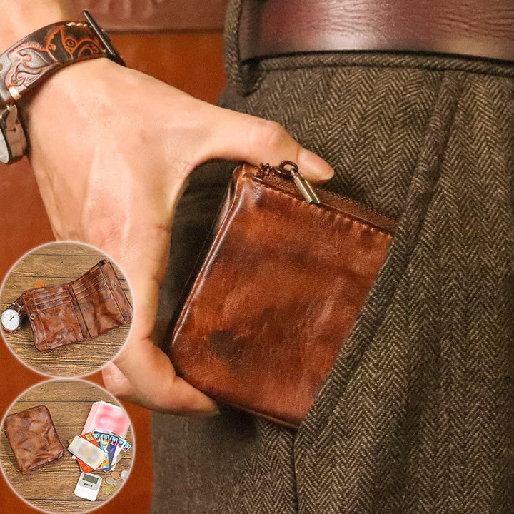 Pflanzlich gegerbtes Leder Geldbörse Damen Herren Retro Vertikale Multifunktionale