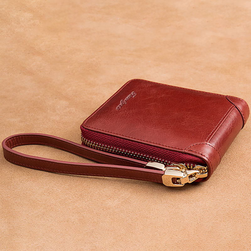 Kompakte Handtasche mit Rundum-Reißverschluss für Damen, geräumige Handtasche aus echtem Leder
