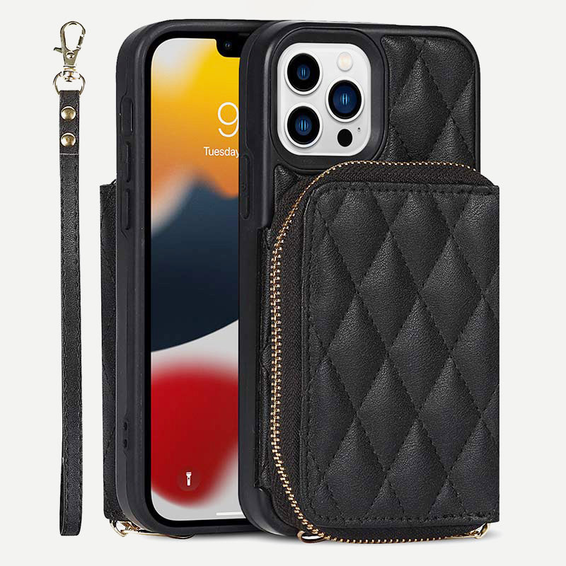 iPhone-Handyhülle, gestepptes Leder, Brieftaschen-Hülle, Kartenhalter mit Umhängegurt