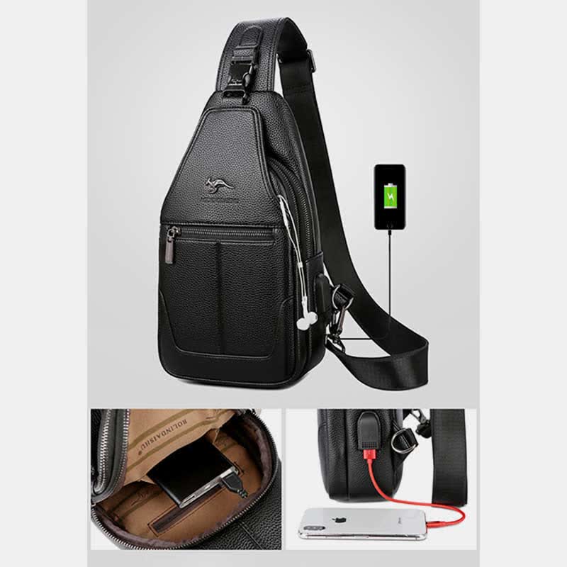 Sling-Brusttasche aus Leder mit mehreren Taschen für Männer mit USB-Ladeanschluss