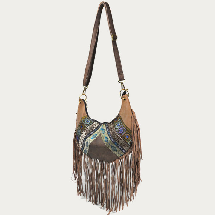 Umhängetasche für Damen, Reisetasche aus Leder im ethnischen Stil mit Quaste