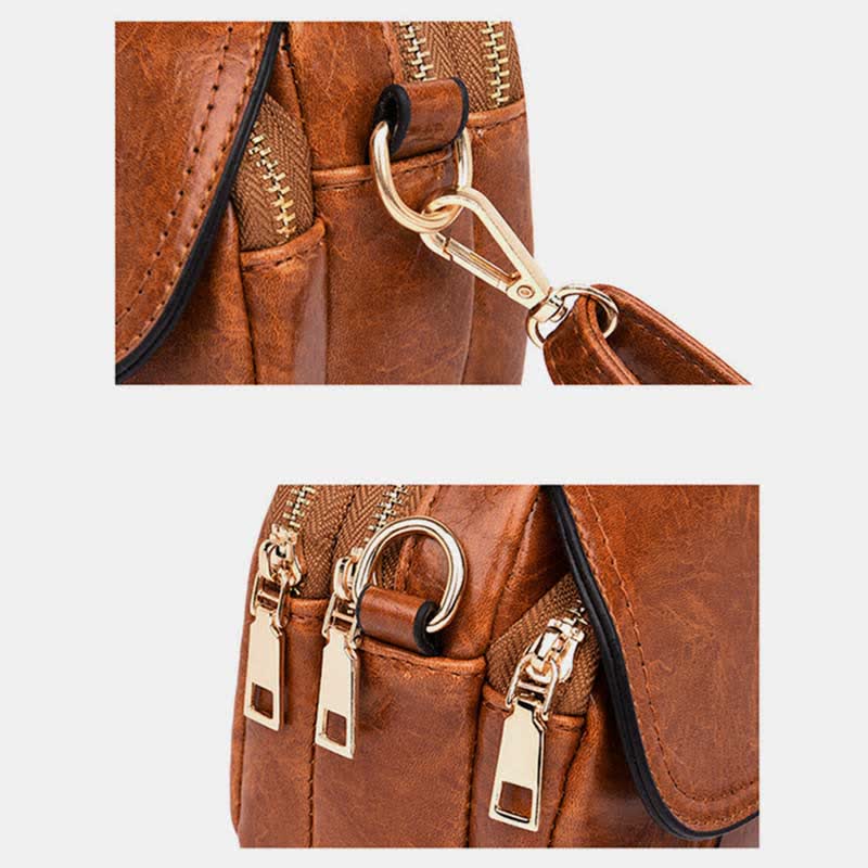 Kleine Umhängetasche aus Leder mit dreifachem Reißverschluss, Schultertasche für Damen