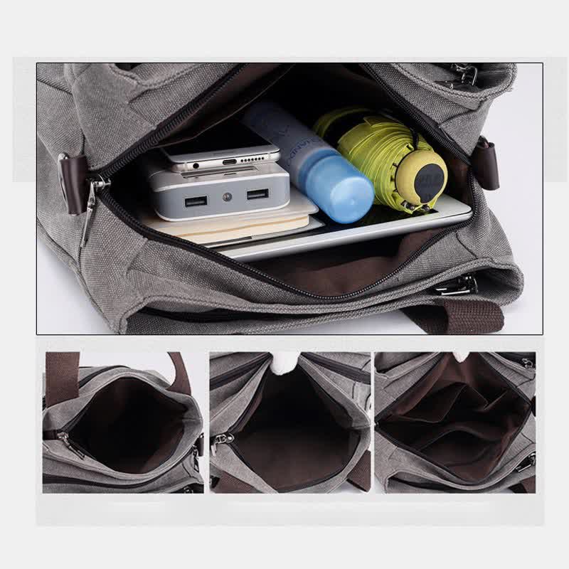 Handtasche aus Segeltuch mit drei Fächern und Blumendruck, Umhängetasche