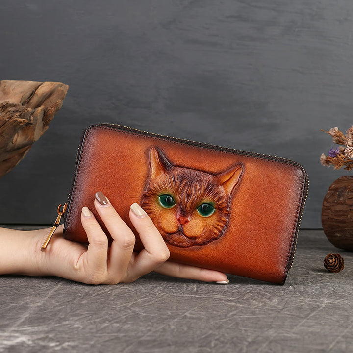 Geldbörse aus echtem Leder mit geprägtem Katzenmotiv und mehreren Fächern
