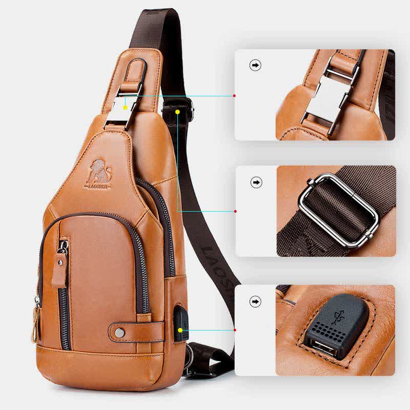 Schultertasche aus echtem Leder, lässiger Outdoor-Schulterrucksack, Brust-Tagesrucksack