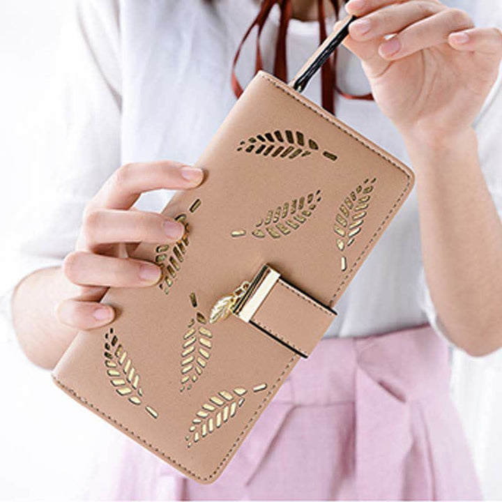 Große Ledergeldbörse für Damen, ausgehöhlt, lang, Clutch