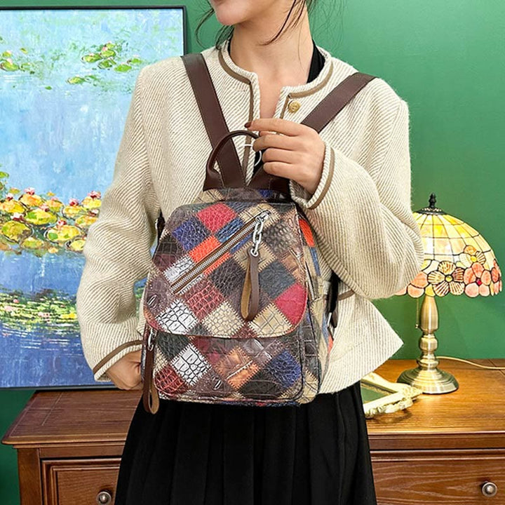 Rucksack für Frauen, Retro, Kontrastfarbe, geometrischer Reiserucksack