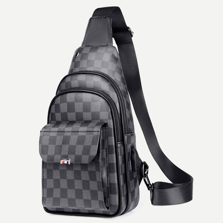 Lässiger Tagesrucksack aus Leder, Schultertasche, Brusttasche mit USB-Ladeanschluss