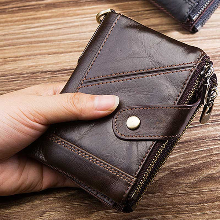 RFID-blockierende Retro-Geldbörse aus echtem Leder mit Doppelreißverschluss