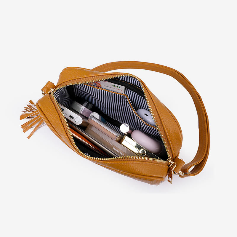 Umhängetasche für Damen mit Quaste, einfarbig, lässige Ledertasche