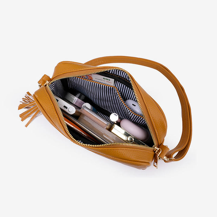 Umhängetasche für Damen mit Quaste, einfarbig, lässige Ledertasche