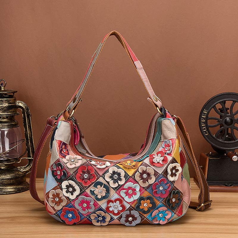 Mehrfarbige Boston-Tasche aus echtem Leder mit Blumenmuster, Hobo-Tragetasche, Umhängetasche