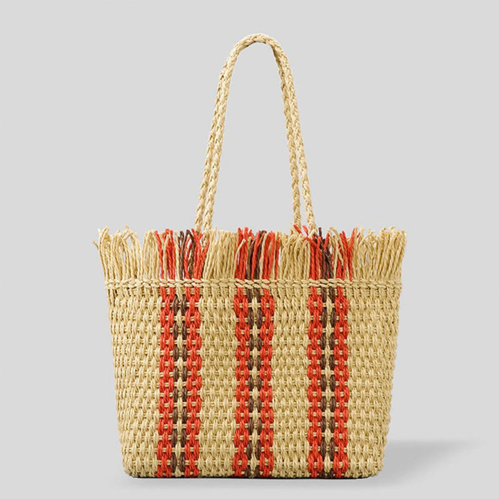 Tragetasche für Damen, lässige Strandtasche aus Stroh mit vertikalen Streifen