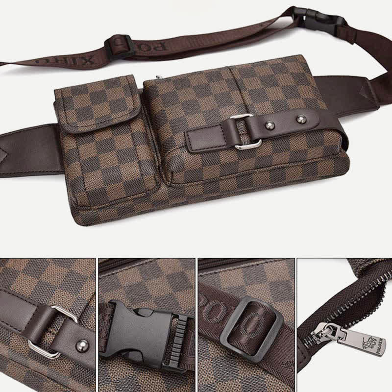 Gürteltasche für Herren, Leder, kariert, Reise-Umhängetasche, Brusttasche