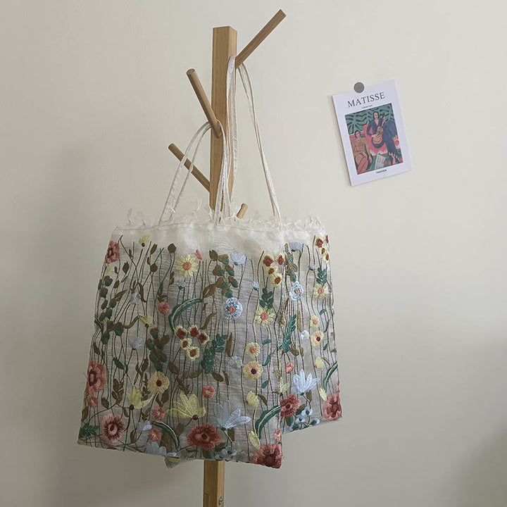 Handtasche für Damen, Netzstoff, handbestickte Blumen, tragbare Umhängetasche