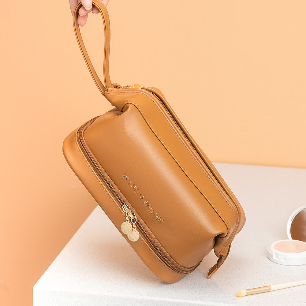 Make-up-Tasche für Damen, tragbare Reise-Kulturtasche aus Leder