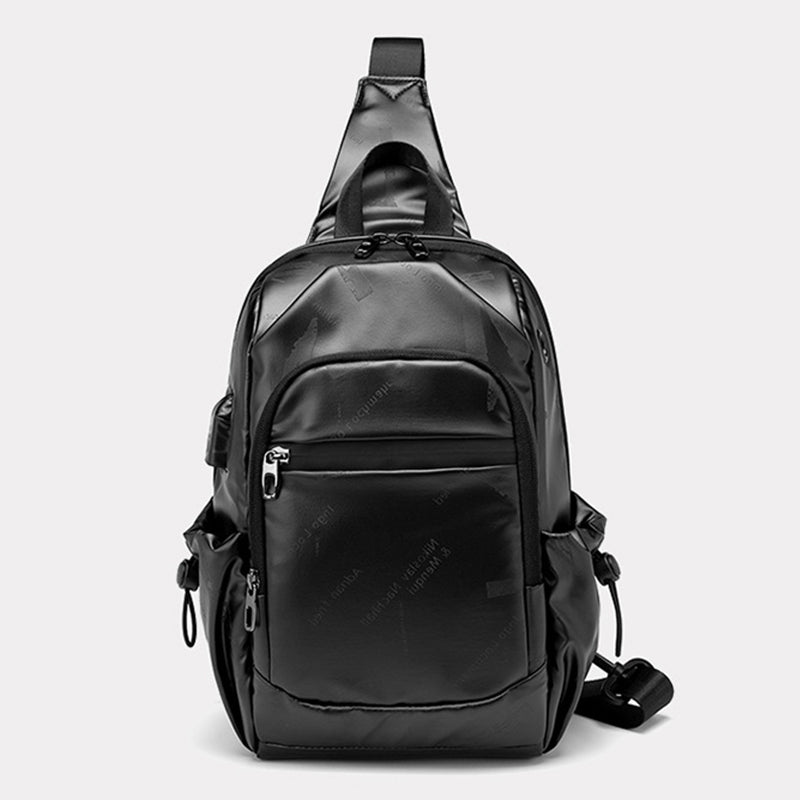 Kleine schwarze Sling-Umhängetasche für Damen und Herren, Tagesrucksack mit USB-Ladegerät