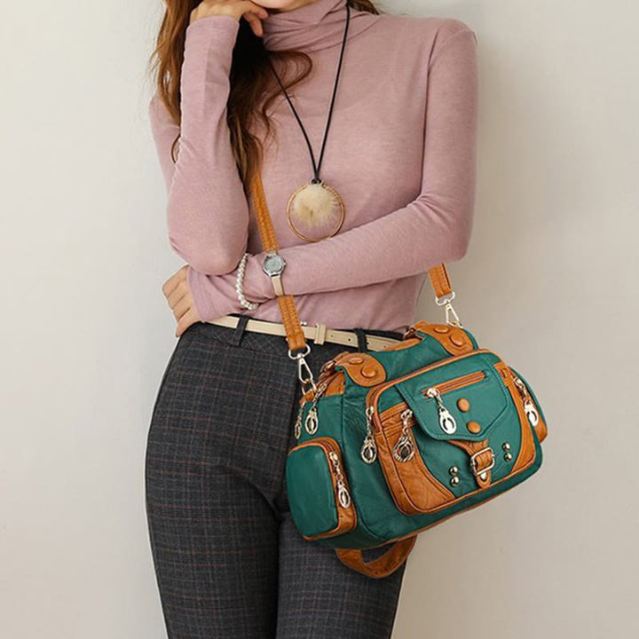 Tragetasche für Damen, Vintage, genietete Umhängetasche aus Leder mit mehreren Taschen