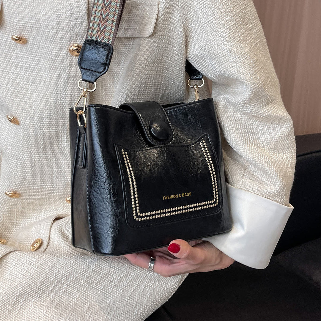 Damen Bucket Bag mit breitem Riemen, einfarbig, elegante Umhängetasche