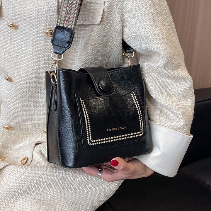 Damen Bucket Bag mit breitem Riemen, einfarbig, elegante Umhängetasche