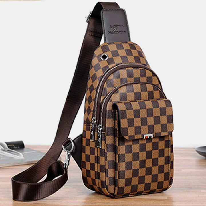 Mehrzweck-Schultertasche aus lässigem, kariertem Leder für Herren, Umhängetasche, Schulterrucksack