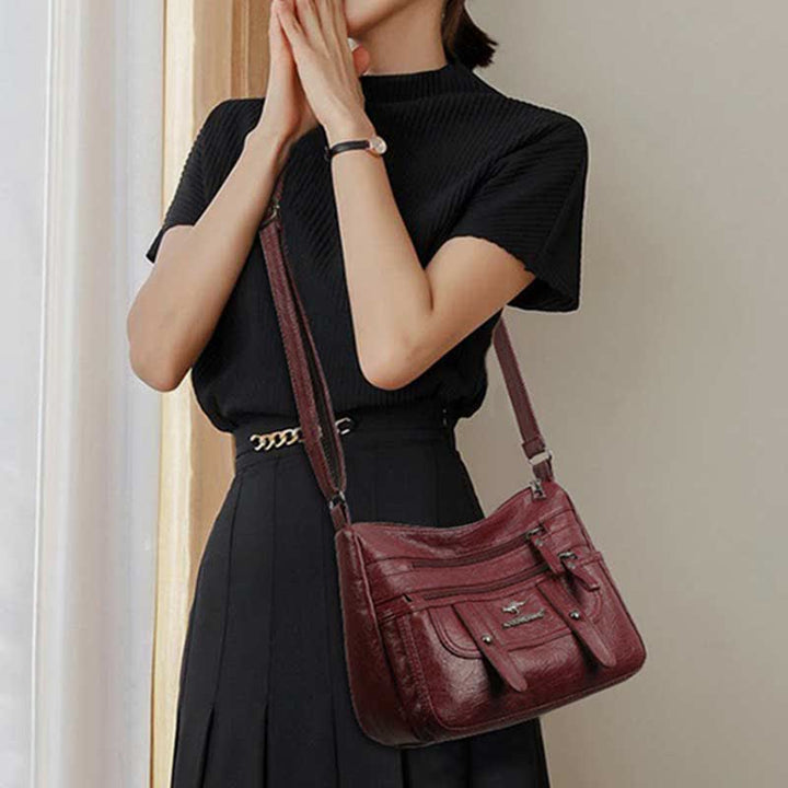Umhängetasche für Damen, mehrere Taschen, weiches Leder, Reißverschlusstasche, Schultertasche