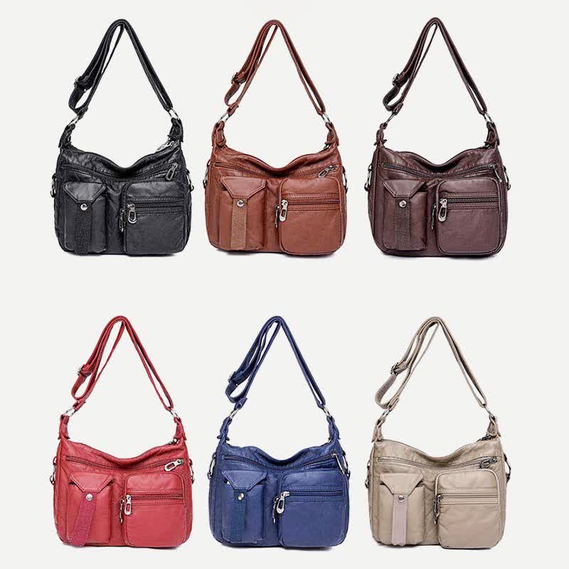 Damen Umhängetasche aus weichem Leder mit zwei Fächern, geräumige Handtasche, Schultertasche