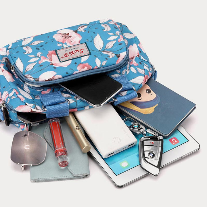 Umhängetasche aus Nylon für Damen, Handtasche mit buntem Blumendruck