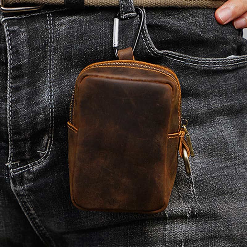 Münzgeldbörse aus echtem Leder mit Reißverschluss für Damen und Herren mit Gürtelschlaufe