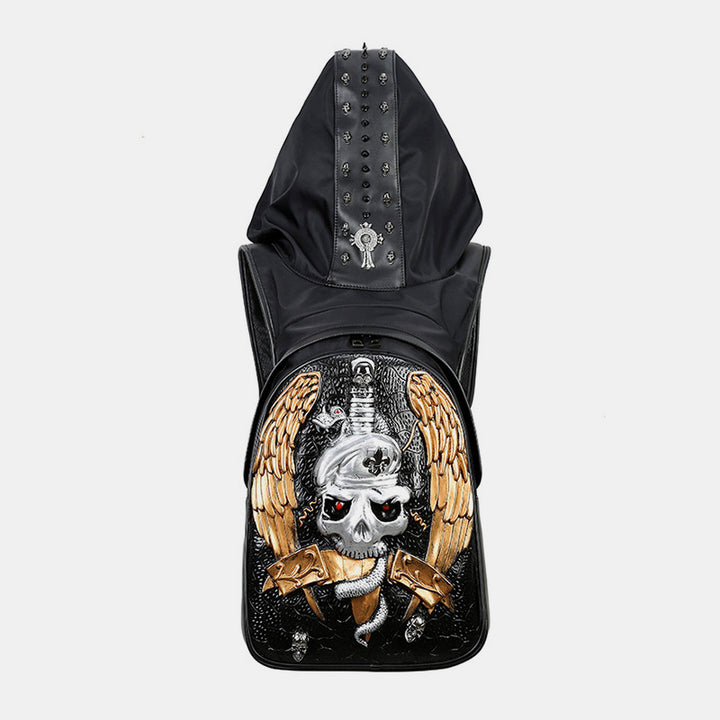 3D-Totenkopf-Rucksack, Gothic-Nieten, Laptop-Rucksack mit Kapuzenmütze