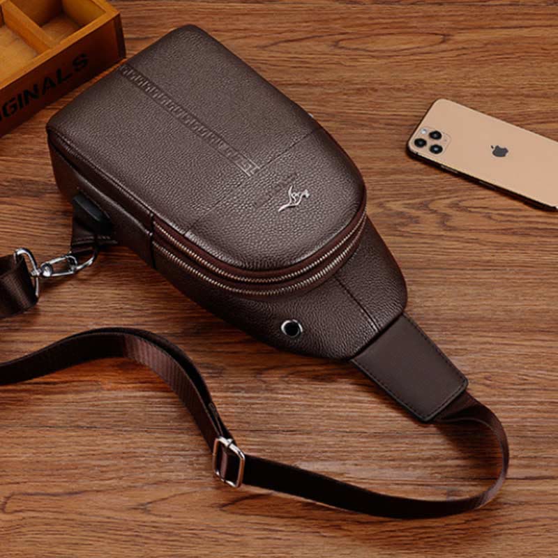 Sling Bag für Herren, schwarzes Leder, lässige Einkaufs-Umhängetasche
