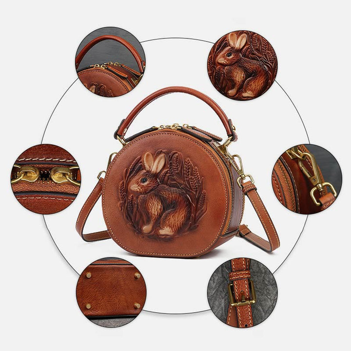 Retro Hase Prägung Handtasche Folk Custom Crossbody Leder Geldbörse