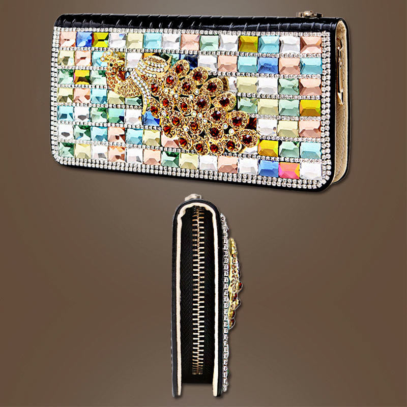 Lange Lederclutch für Damen mit Diamanten besetzte Münzbörse