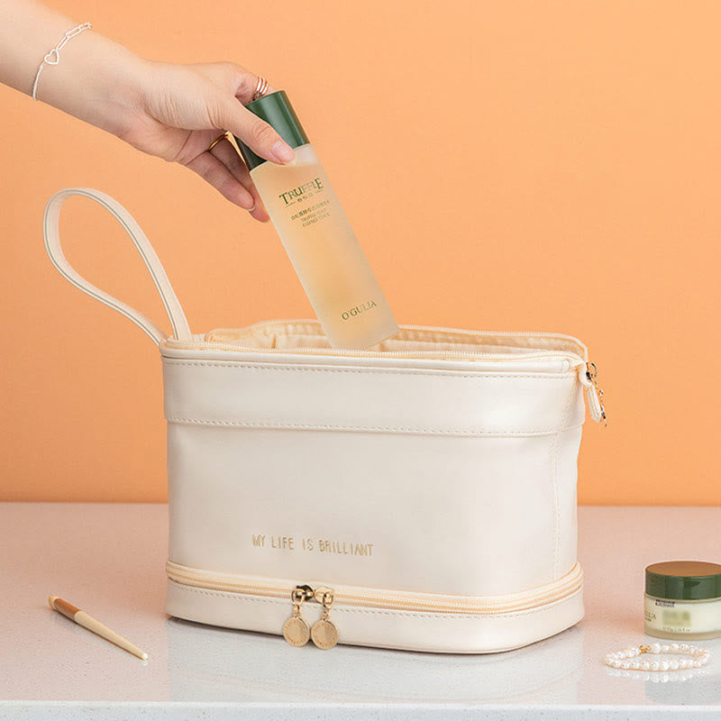 Make-up-Tasche für Damen, tragbare Reise-Kulturtasche aus Leder