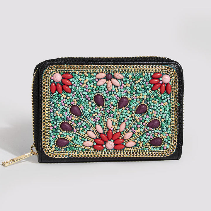 Böhmische Geldbörse für Damen mit Schmetterlings- und Blumenmuster und Reißverschluss