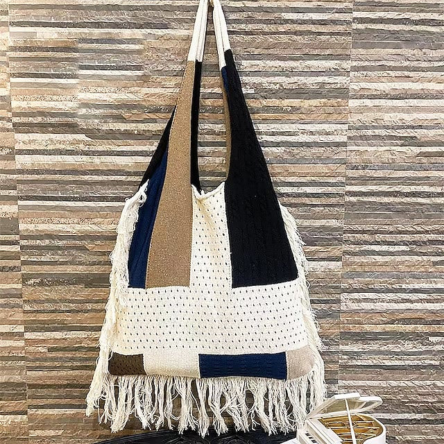 Quaste Umhängetasche für Damen Einfache Retro Gespleißte Stricktasche