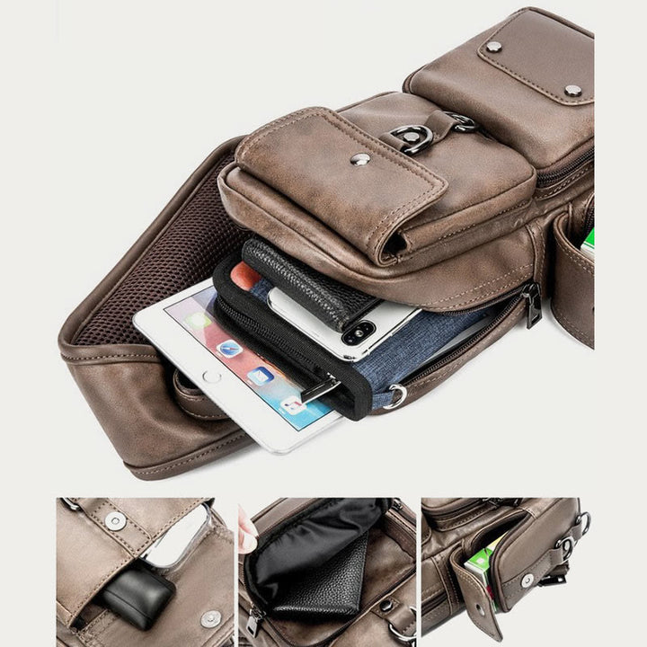 Retro-Schultertasche aus Leder mit Diebstahlschutz und interaktiven Taschen, geräumiger Tagesrucksack