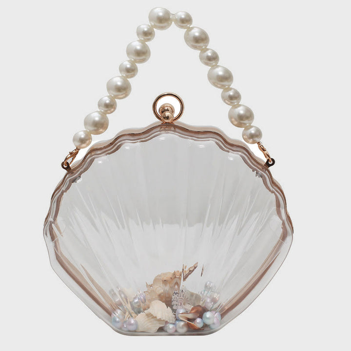 Umhängetasche für Damen mit Perlenkette und Clip, transparente Tasche