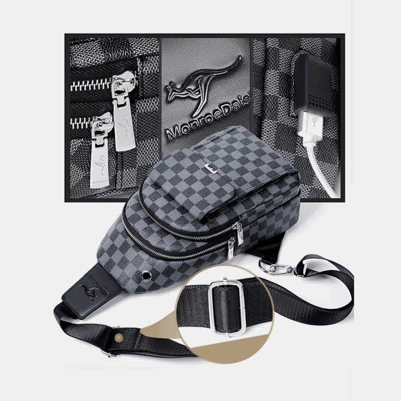 Mehrzweck-Schultertasche aus lässigem, kariertem Leder für Herren, Umhängetasche, Schulterrucksack
