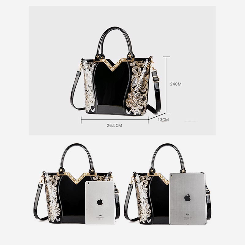 Tragetasche für Damen, bestickte Handtasche aus Lackleder mit Pailletten und Diamanten
