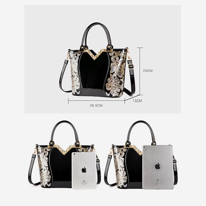 Tragetasche für Damen, bestickte Handtasche aus Lackleder mit Pailletten und Diamanten