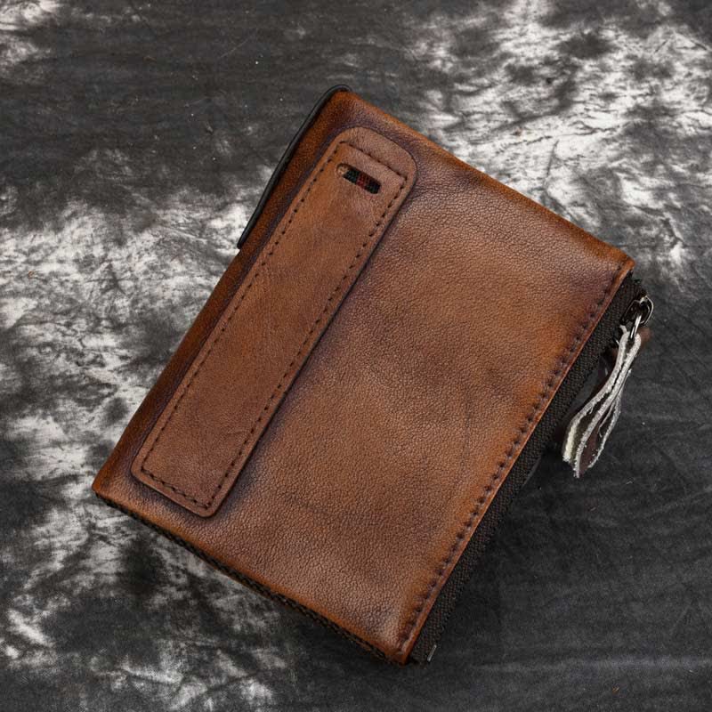 Zweifach gefaltete RFID-blockierende Lederbrieftasche, kurze Vordertaschen-Geldbörse für Herren